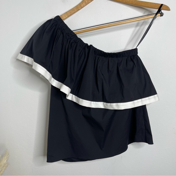MILLY One Shoulder Ruffle Contract Trim Blouse Black White Size S NWT - Picture 5 of 15